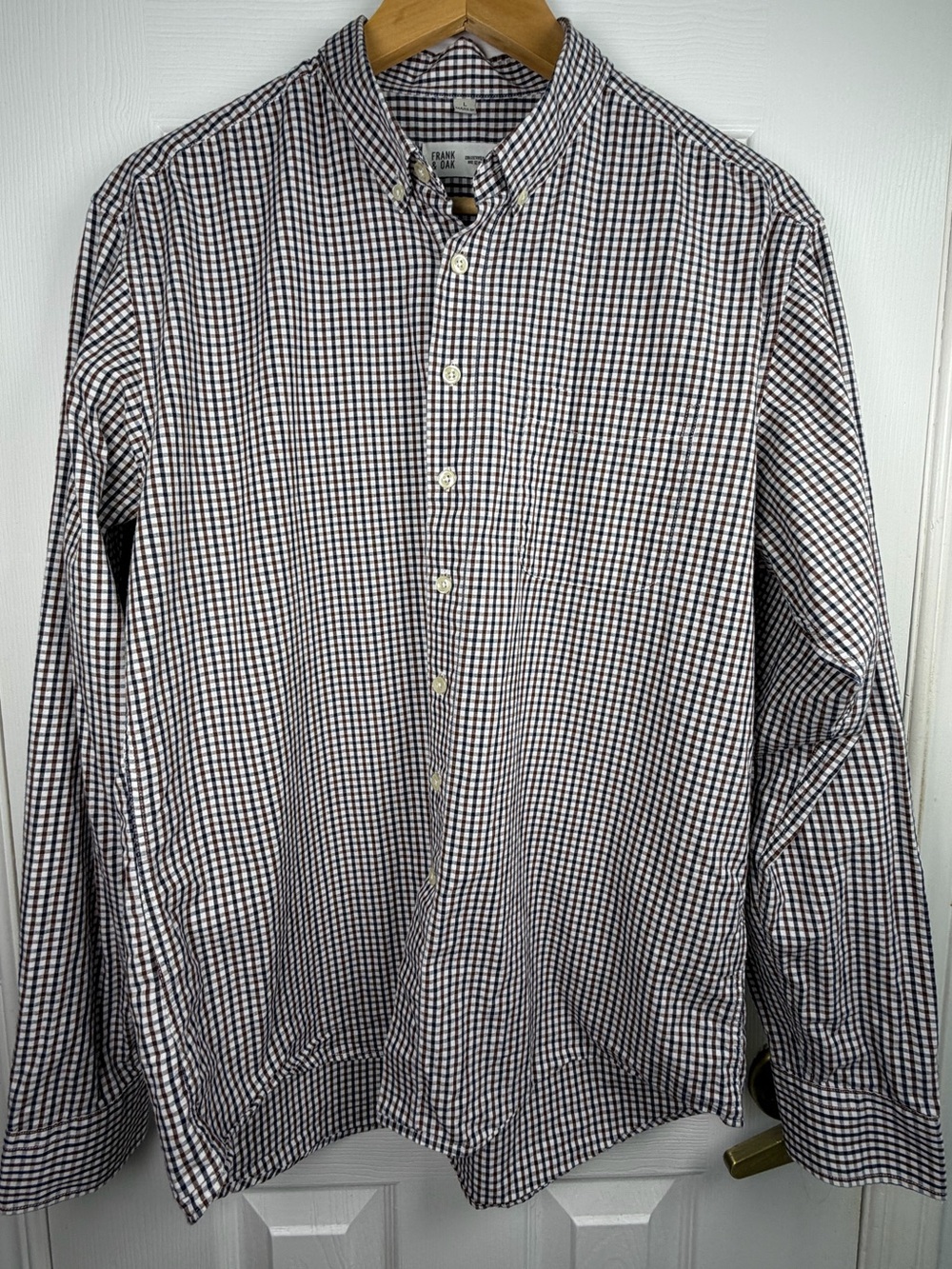 Frank & Oak Brown Black White Check Button Down Shirt Men's Large 100% Cotton